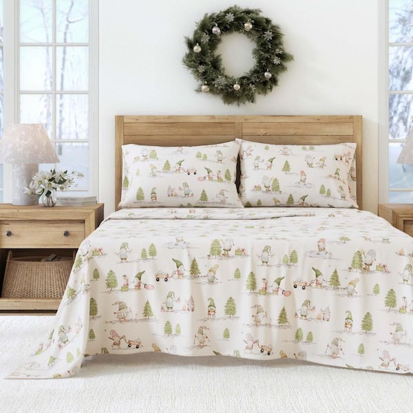 Turkish Cotton Holiday Printed Flannel Sheet Set, Queen, Yuletide Gnomes