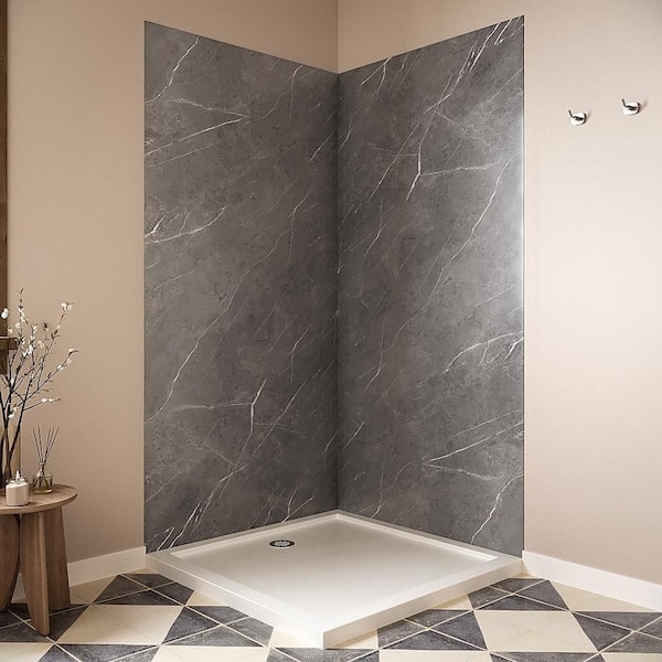 DSH-1280-127 38 in. L x 38 in. W x 76 in. H 2-Piece Glue-Up Corner Shower Wall Surround in Grey Marble Finish