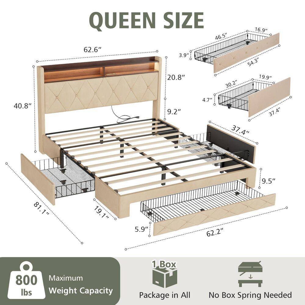 Storage Bed Beige Metal Frame Queen Platform Bed with Power Station, USB Ports and Storage Shelf Headboard, Drawers - thumbnail 10