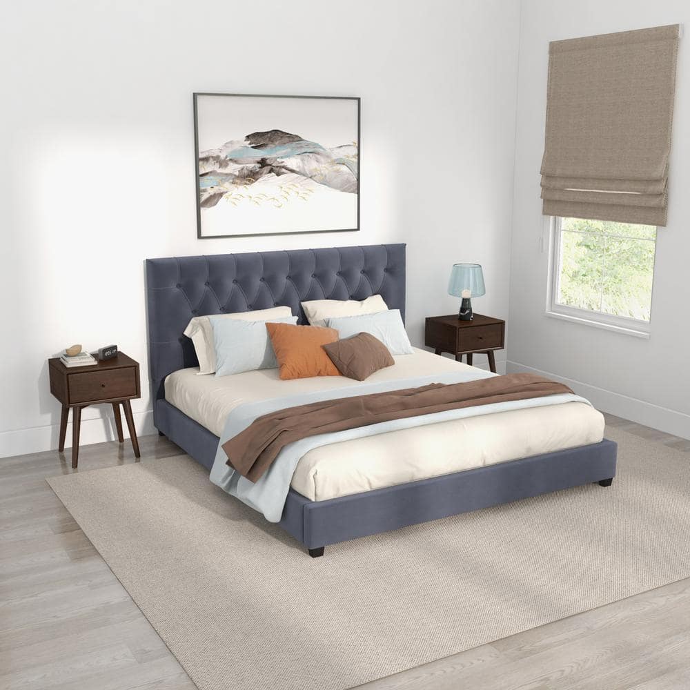 Elda Gray Velvet Upholstered King Platform Bed with Tufted Headboard