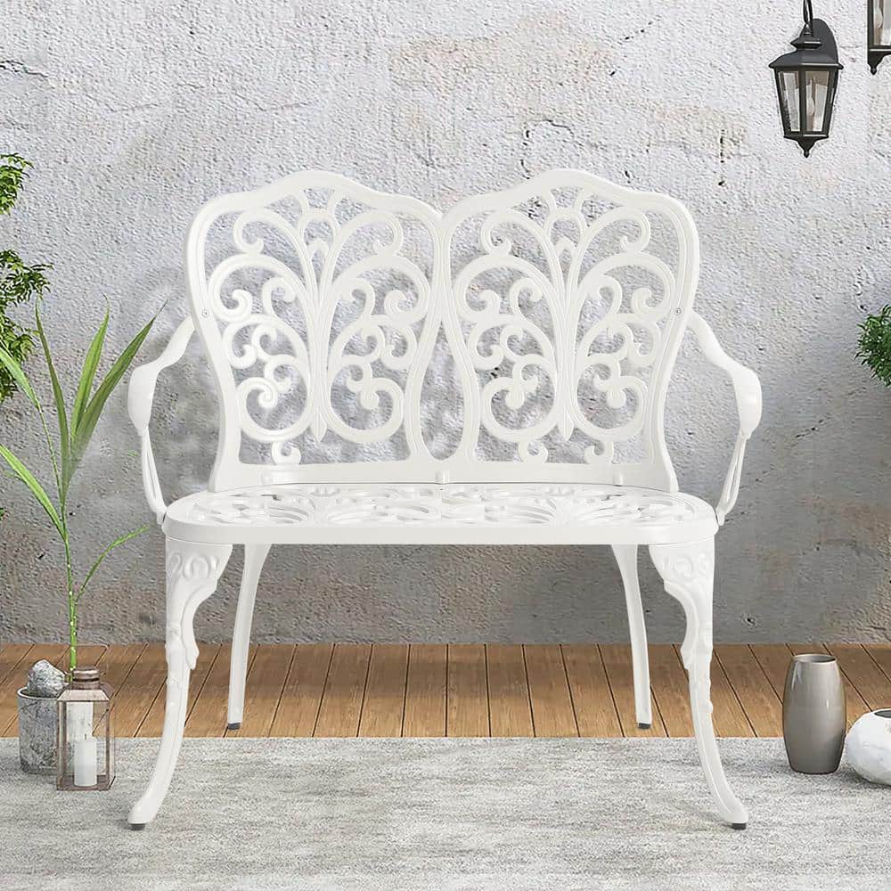 2-Person White Rust-Resistant Aluminum Outdoor Bench for Patio, Park, Lawn