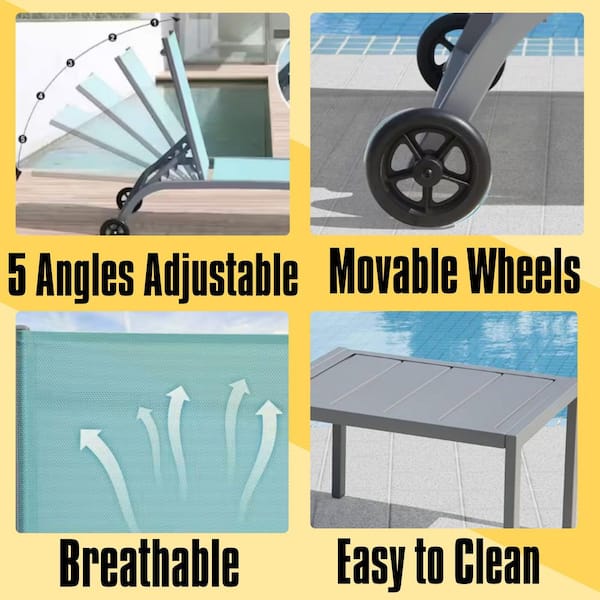 Adjustable Chaise Lounge Outdoor Lounge Chairs with Wheels and 1-Table Pool Lounge Chairs in Turquoise Blue Set of 3
