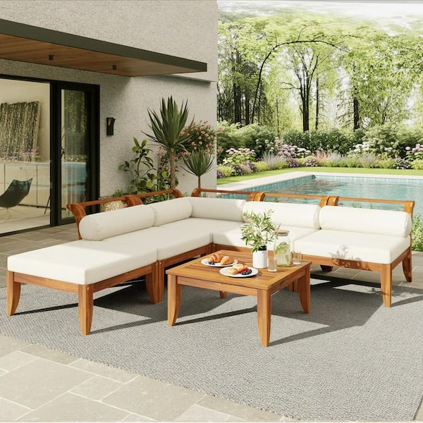 6-Piece PE Rattan Wicker Outdoor Sectional Patio Furniture Conversation Set with Brown Cushions for Garden