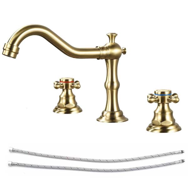 AKLFGN Double Handles 8 in. Widespread Bathroom Faucet 3-Hole Waterfall Bathroom Sink Faucet in Brushed Gold