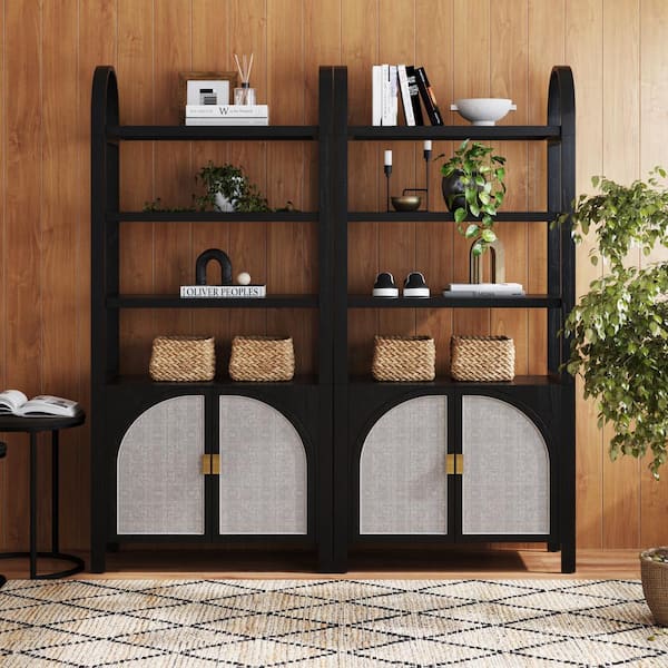 Nathan James Paxton 71 in. Tall Black Oak Boho Bookshelf w/ Solid Wood Legs, 3-Shelf Bookcase Cabinet w/ Arched Rattan Door, Set of 2
