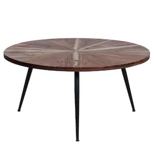 31 in. Brown and Black Round Mango Wood Sunburst Design Tapered Iron Legs Coffee Table