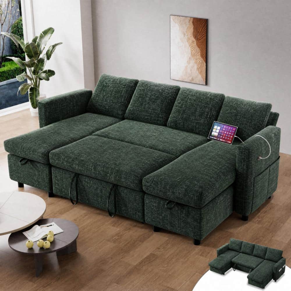 105" Sleeper Sofa Bed with Pull Out Bed U-Shaped Couch Sectional Sleeper Sofa,Chenille Green