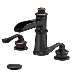 8 in. Widespread Double-Handle Bathroom Waterfall Brass Low-Arc Sink Faucet with Pop-Up Drain in Oil Rubbed Bronze