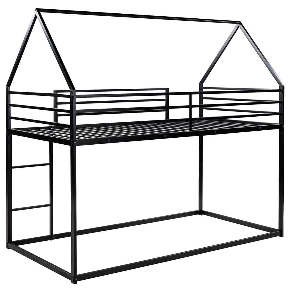 URTR Black TwinOverTwin Metal House Bunk Bed with Convertible Ladder