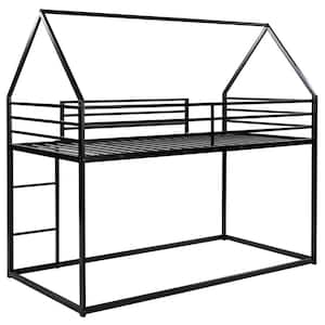 Black Twin-Over-Twin Metal House Bunk Bed with Convertible Ladder, Metal Low Bunk Bed with House Shape and Roof