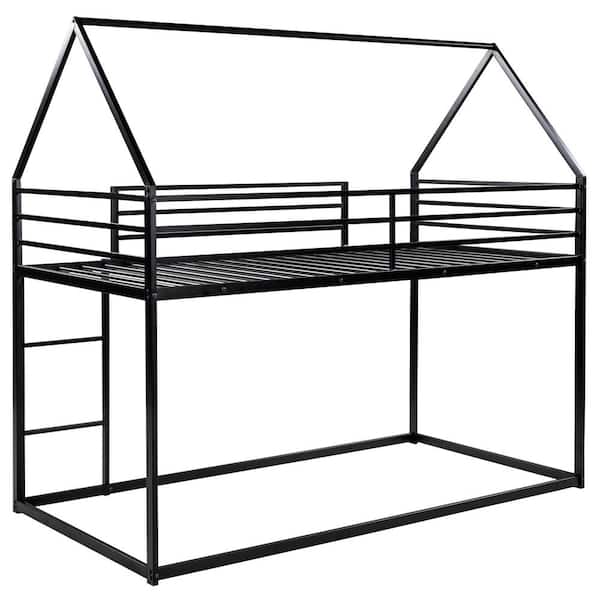 URTR Black Twin-Over-Twin Metal House Bunk Bed with Convertible Ladder, Metal Low Bunk Bed with House Shape and Roof