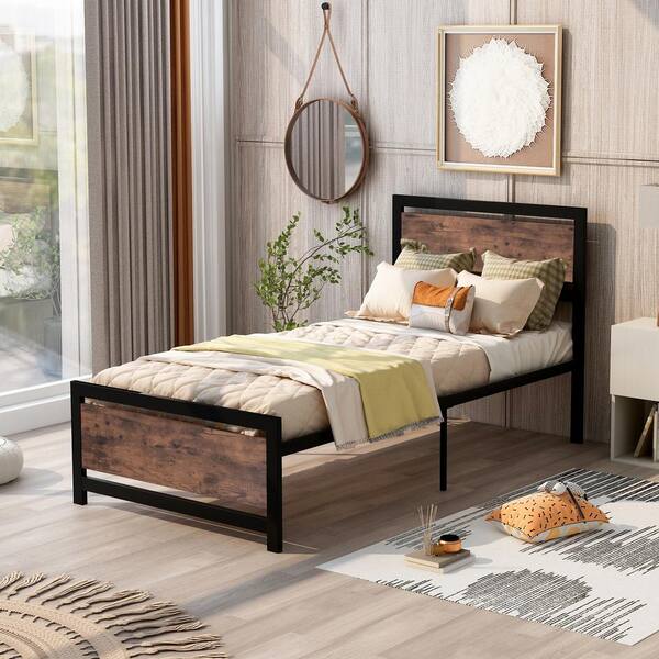 Polibi Metal and Wood Twin Black Platform Bed with Headboard and Footboard 39 in. W x 39.5 in. H