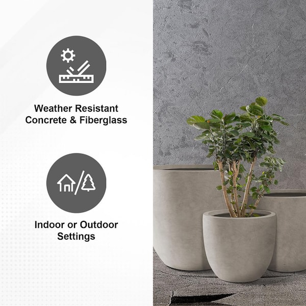 20", 16.5" & 13.3"W Round Weathered Finish Concrete Planters Set of 3, Outdoor Indoor w/Drainage Hole & Rubber Plug