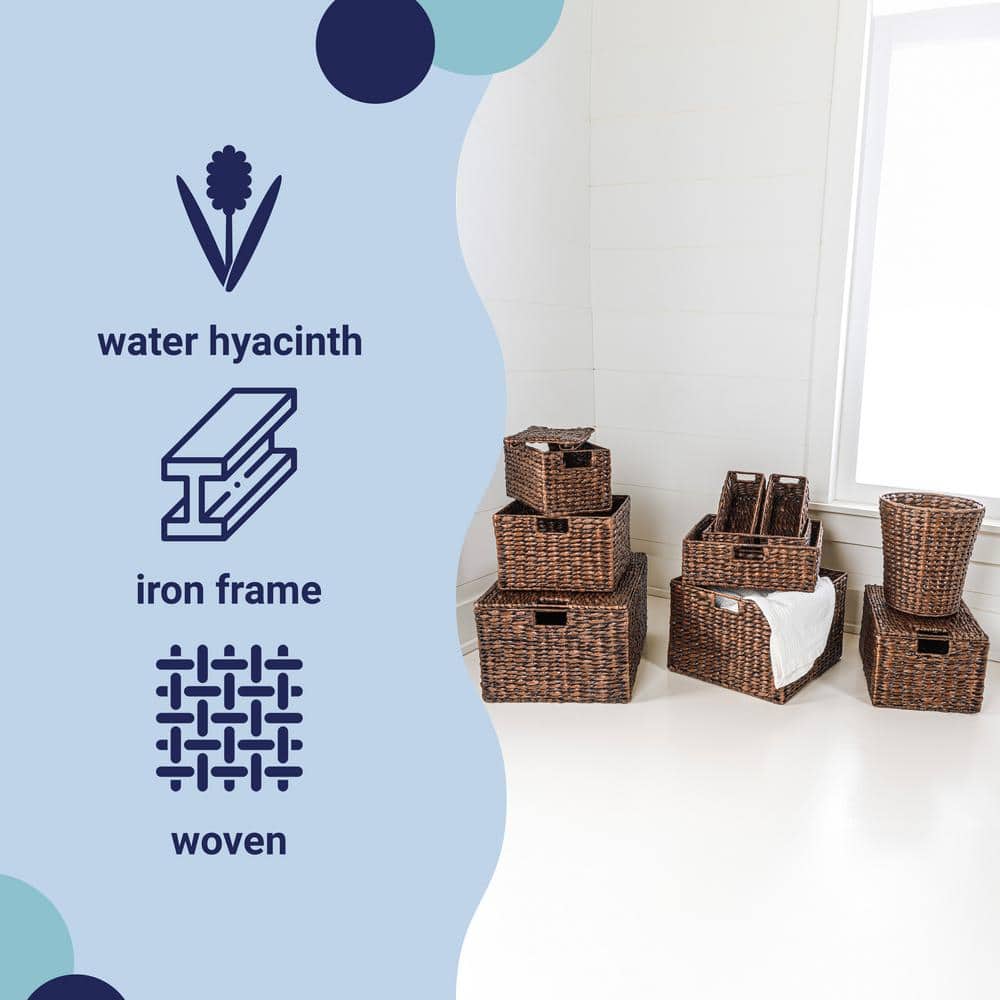 Handwoven Dark Brown Hyacinth Storage Basket Set with Iron Frame