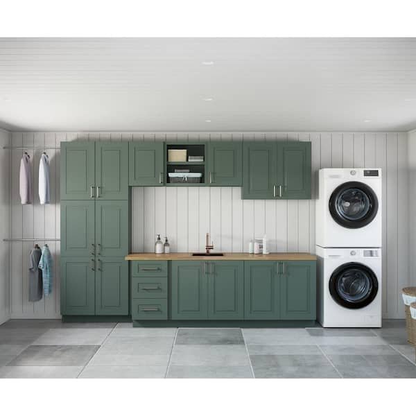 MILL'S PRIDE Greenwich Aspen Green Plywood Shaker Stock Ready to Assemble Kitchen-Laundry Cabinet Kit 24 in. x 87 in. x 163 in.