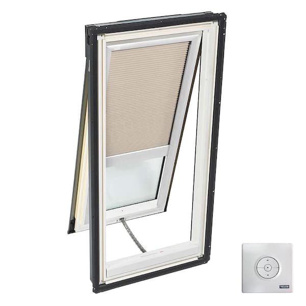 VELUX 21 in. x 45-3/4 in. Solar Powered Venting Deck-Mount Skylight with Laminated Low-E3 Glass and Beige Room Darkening Blind