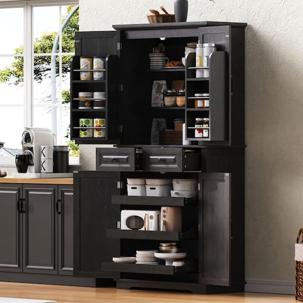 Black; Embossed Texture Panel Pantry Organizer with  Adjustable Shelves;Removable Shelves