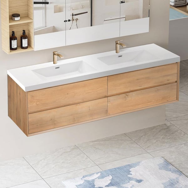 Aeroline 72 in. W x 19.29 in. D x 25.59 in. H Double Sink Float Wood Bath Vanity with White Resin Integral Top Assembled