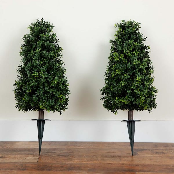 2.5 ft. UV Resistant Artificial Boxwood Tree Plant with Integrated Ground Stake (Indoor/Outdoor) - Set of 2