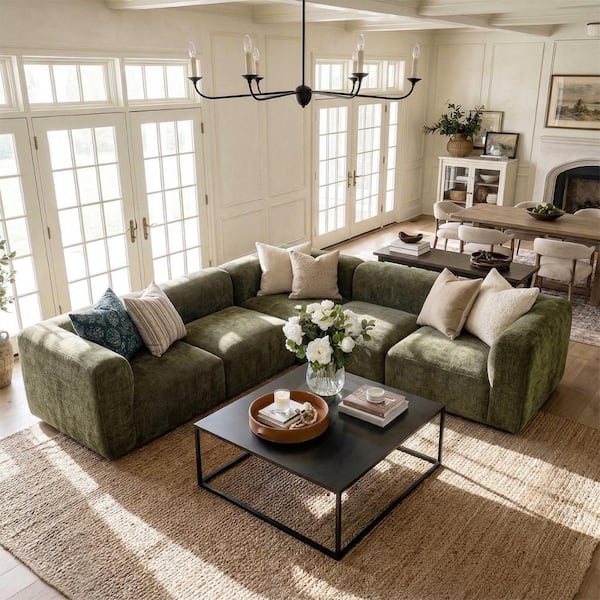 LAOTIES Modular L-Shaped Sectional Sofa 5-Piece, Olive Green Chenille Deep Seat Corner Couch, Modern Low Profile Living Room PHILO-3COR+2RMLS-2823-OLIVE