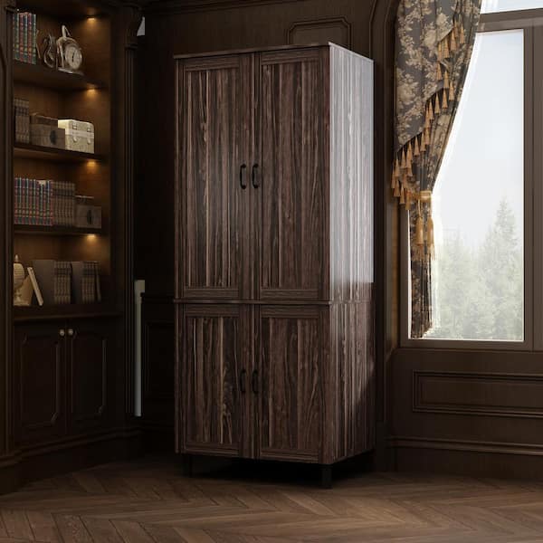 WIAWG Dark Brown Wood Standard Bookcase Bookshelf With 4-Doors, Side Cabinets, (31.5 in. Wide x 78.7 in. Height)