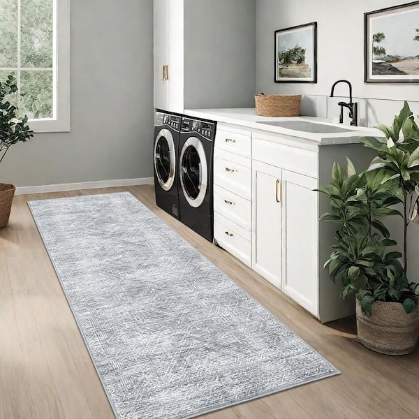 Gray 2 ft. x 8 ft. Washable Vintage Distressed Bohemian Style Polyester Area Rug