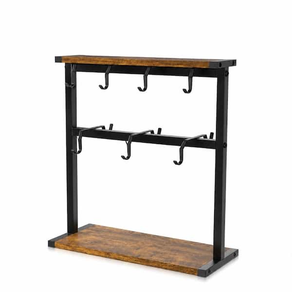 2-Tier Rustic Wood Coffee Mug Holder Cup Tree Rack with 14 Hooks and Narrow Base for Countertop Display