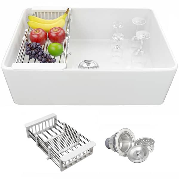 White Fireclay 33 in. Single Bowl Apron-Front Kitchen Sink with Basket Strainer