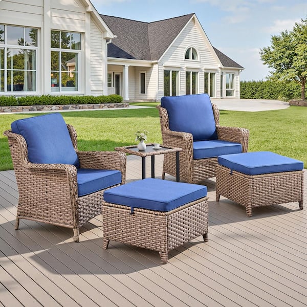 Buenaola Wieze 5-Piece Wicker Patio Conversation Set with Ottomans and Side Table Outdoor Rattan Furniture Set with Blue Cushions