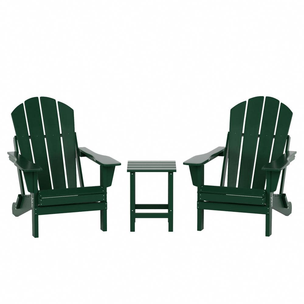 WESTIN OUTDOOR Laguna 3 Piece Fade Resistant Outdoor Patio HDPE Poly Plastic Folding Adirondack Chair Set with Side Table in Dark Green