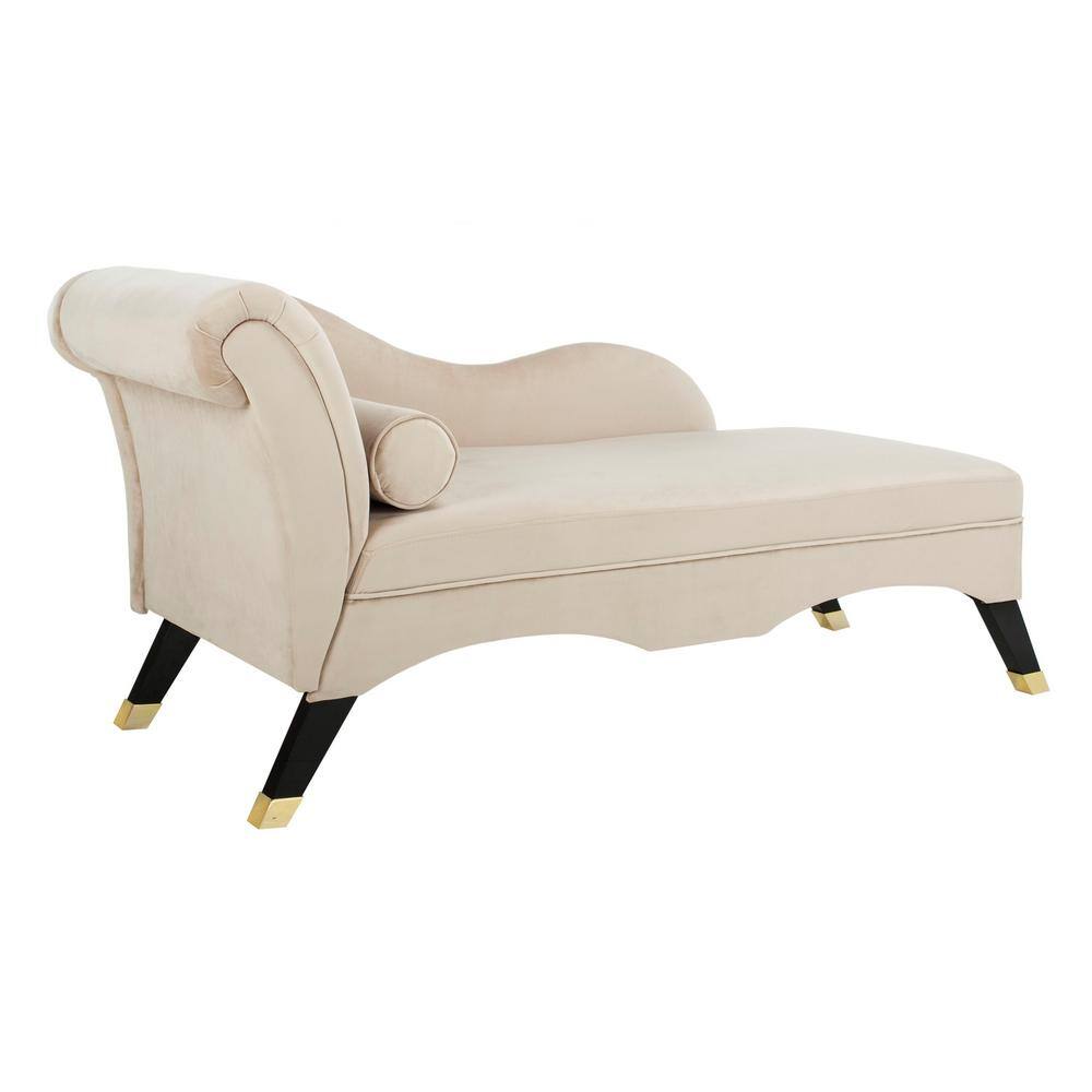 Transitional Tan Velvet Chaise with Espresso Wood Legs and Pillow