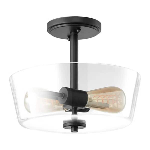 Lightania 12 in. 2-Lights Matte Black Industrial Style Semi-Flush Mount With Clear Glass Shade and No Bulbs Included