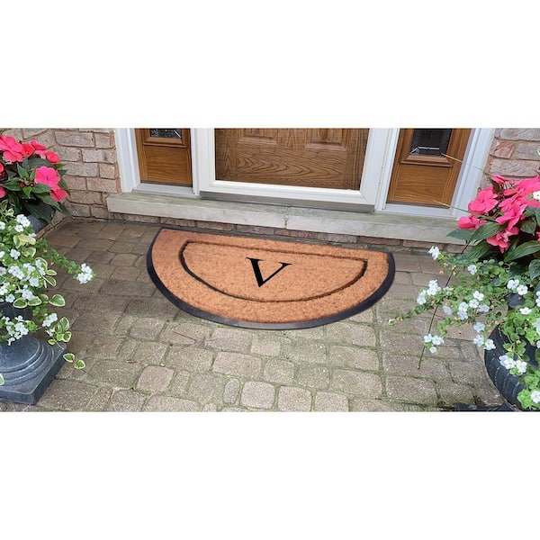 A1 Home Collections A1hc Beige 18 in. x 30 in. Natural Coir Heavy Duty PVC Backing Outdoor Monogrammed V Door Mat