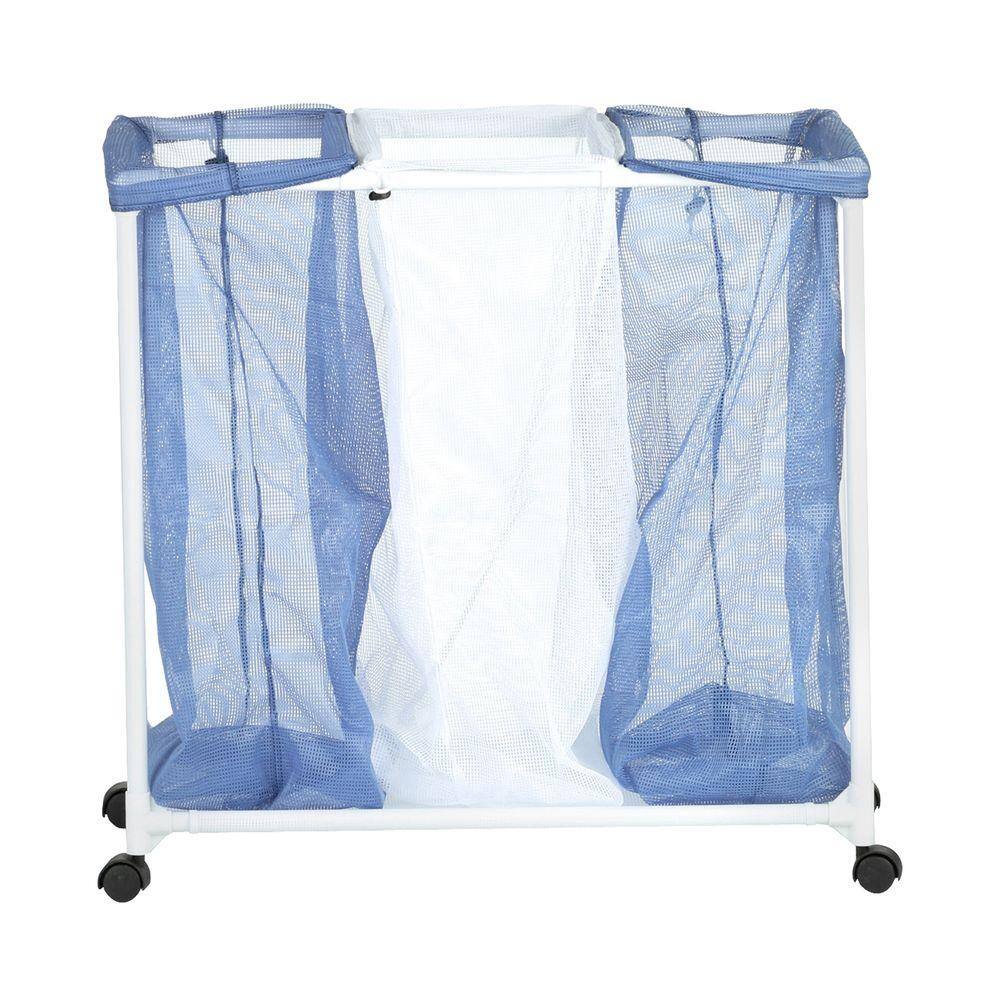 Blue and White 3-Bin Mesh Laundry Sorter with Wheels