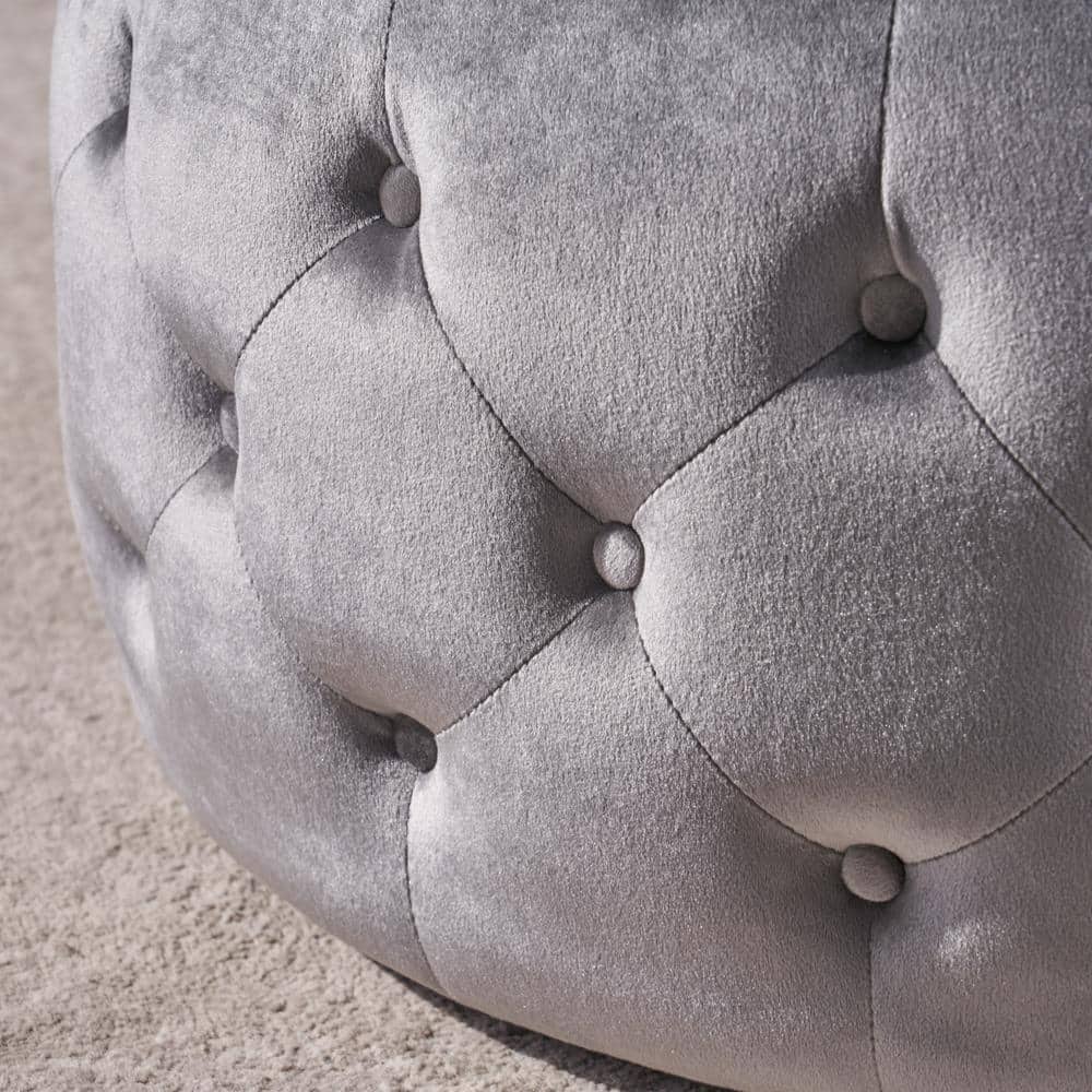 Elegant Round Glass-Top Velvet Ottoman Coffee Table