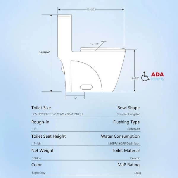 Power Flush 1-Piece 1.1/1.6 GPF Dual Flush Elongated 15.6 in" Toilet in Light Gray, Slow-Close Seat Included