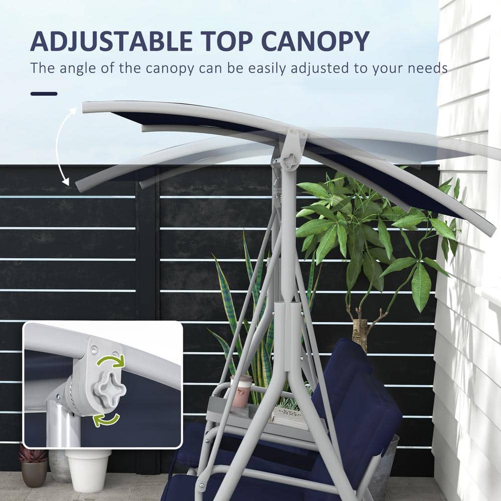 Dark Blue Metal 2-Person Porch Swing with Canopy and Cushions