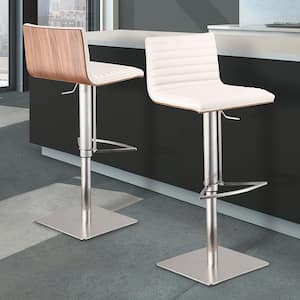 Cafe 31-41 in. White Faux Leather with Brushed Stainless Steel Finish and Walnut Veneer Back Adjustable Swivel Bar Stool