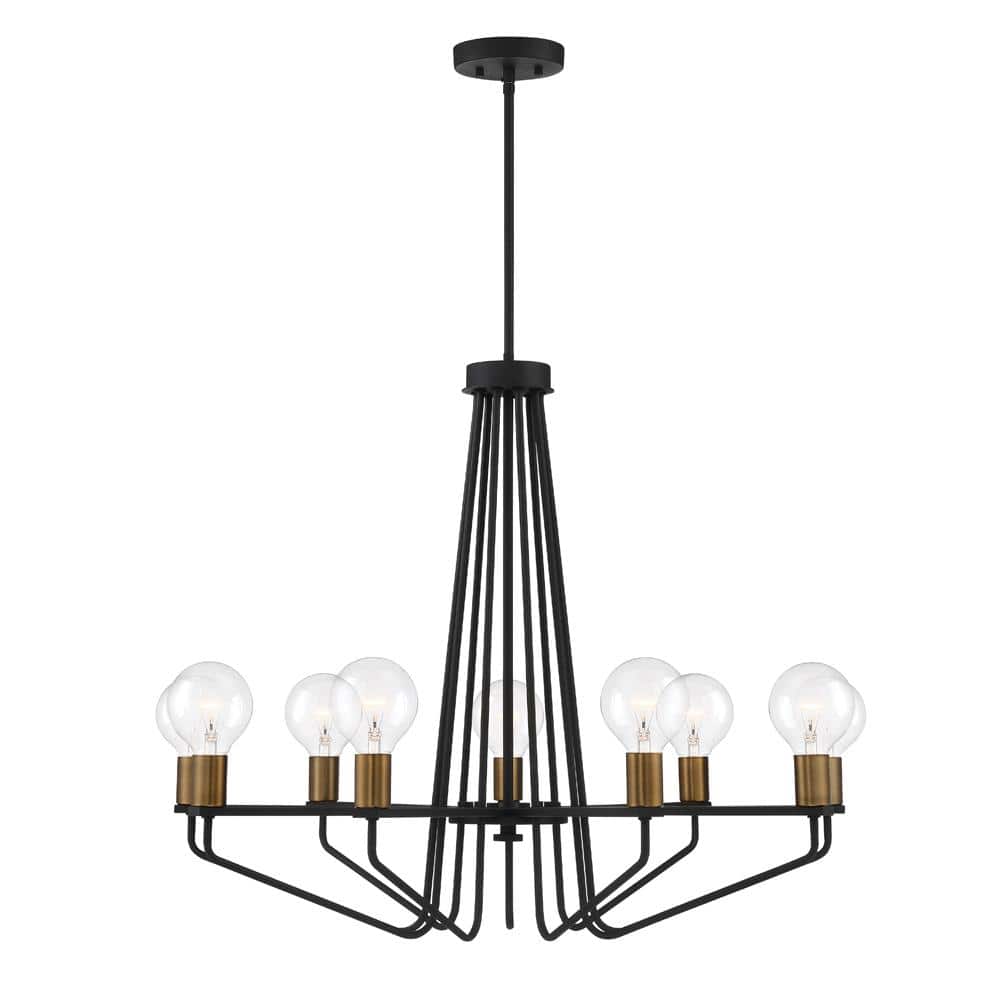Ravella 27" Black Aluminum 9-Light Industrial Chandelier with Satin Brass Accents