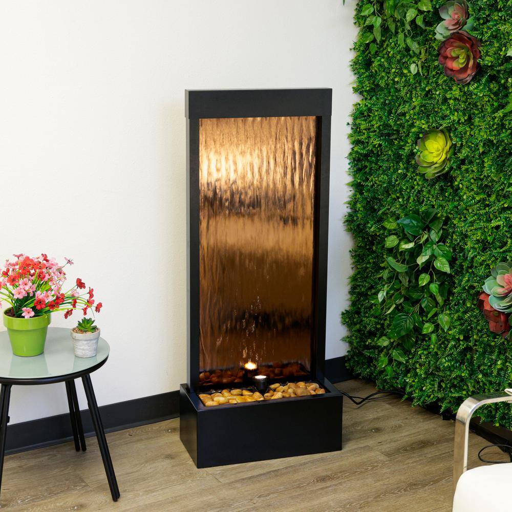 Bronze Mirror Waterfall Fountain with Stones and Lights, 48" Tall