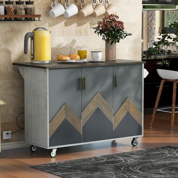 Unbranded Retro Mountain White Wood 51.6 in. Kitchen Island on Wheels with Drop Leaf and Towel Rack