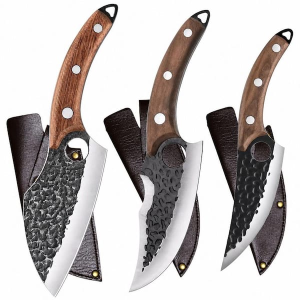 3-Piece Stainless Steel Handmade Forged Kitchen Knife Set with Leather Sheaths