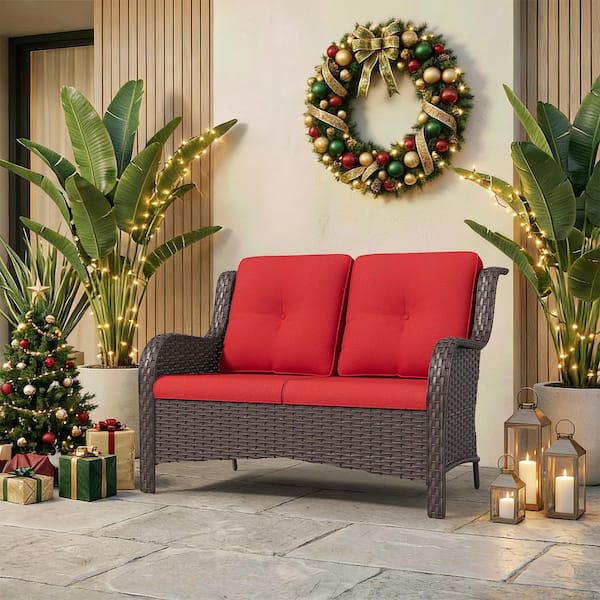 Brown Wicker Outdoor Patio Loveseat 2-Seat Sofa Couch with Red Cushions