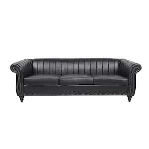 32.5 in. Round Arm Rolled Arm PU Leather Chesterfield 3-Seater Curved Sofa with Reversible Cushions in Black
