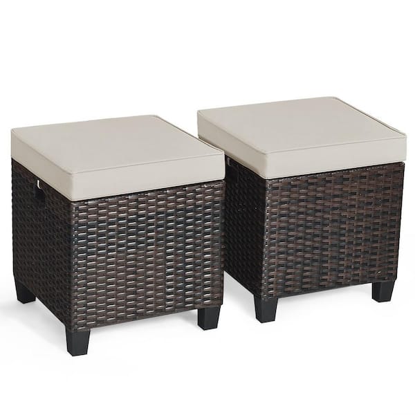 FORCLOVER Wicker Outdoor Ottoman with Khaki Cushion (2-Pack)