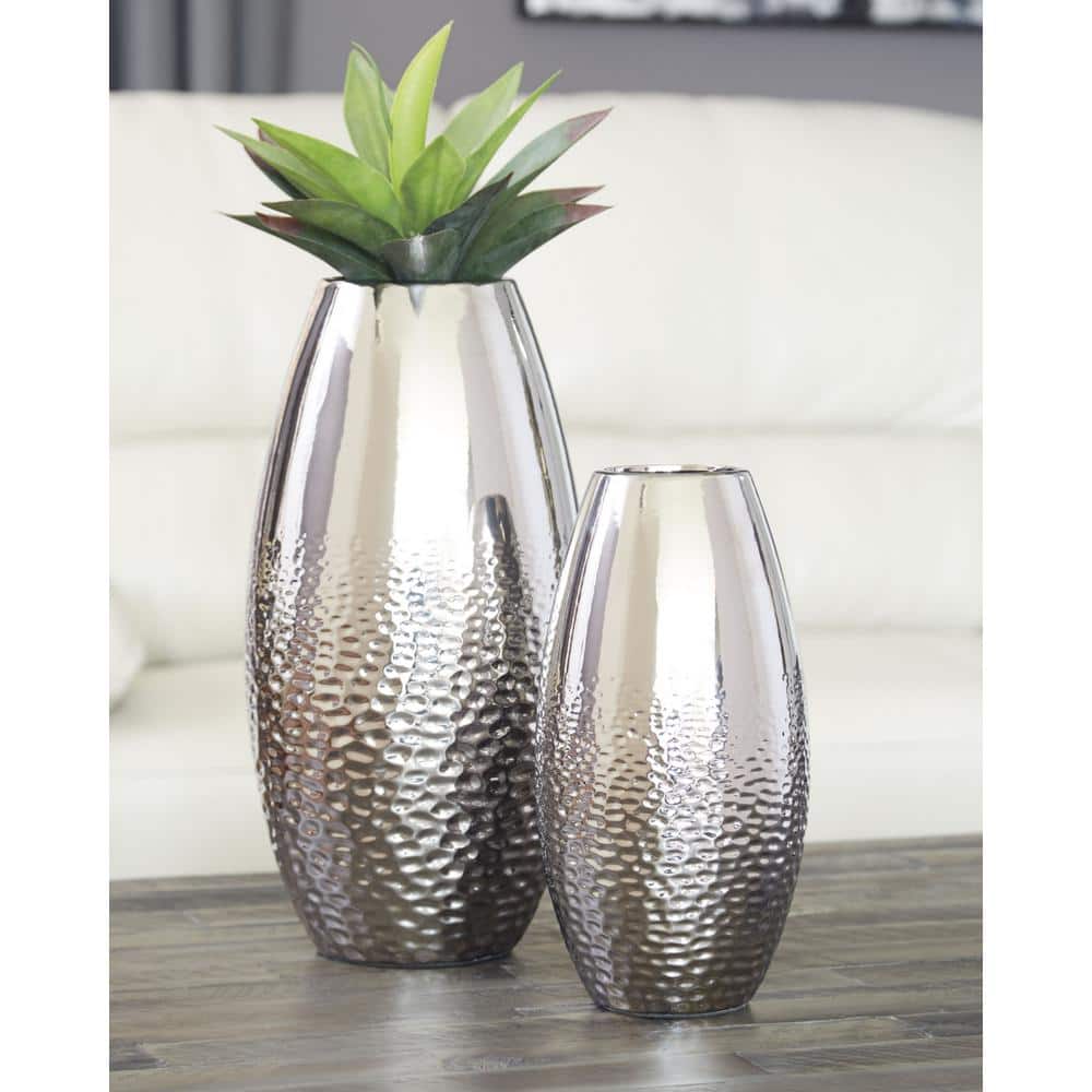 Silver Textured Ceramic Decorative Vase Set, 16-inch