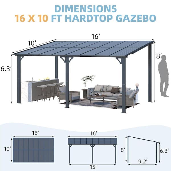 雨ページ Clihome 16 ft. x 10 ft. Gray Aluminum Sloped Hardtop Pergola with