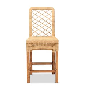 40.4 in. Mahogany and Natural Rattan Low Back Wood Frame Counter Height Bar Stool