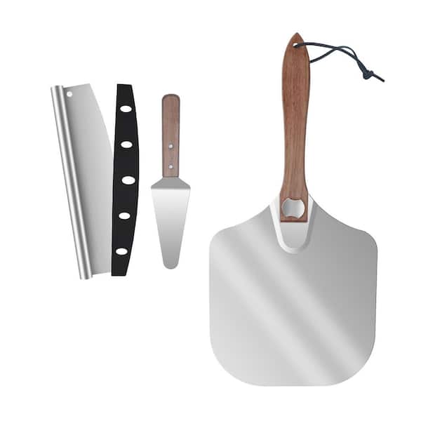 Aluminum Pizza Peel with Foldable Wooden Handle - Includes Metal Paddle, Rocker Cutter, and Server for Pizza Oven