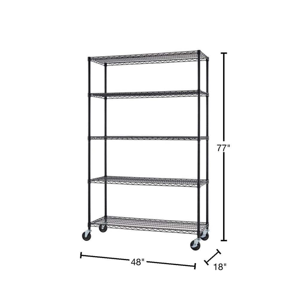 Trinity Black Epoxy 5-Tier 48x18x77 Wire Shelving with Wheels